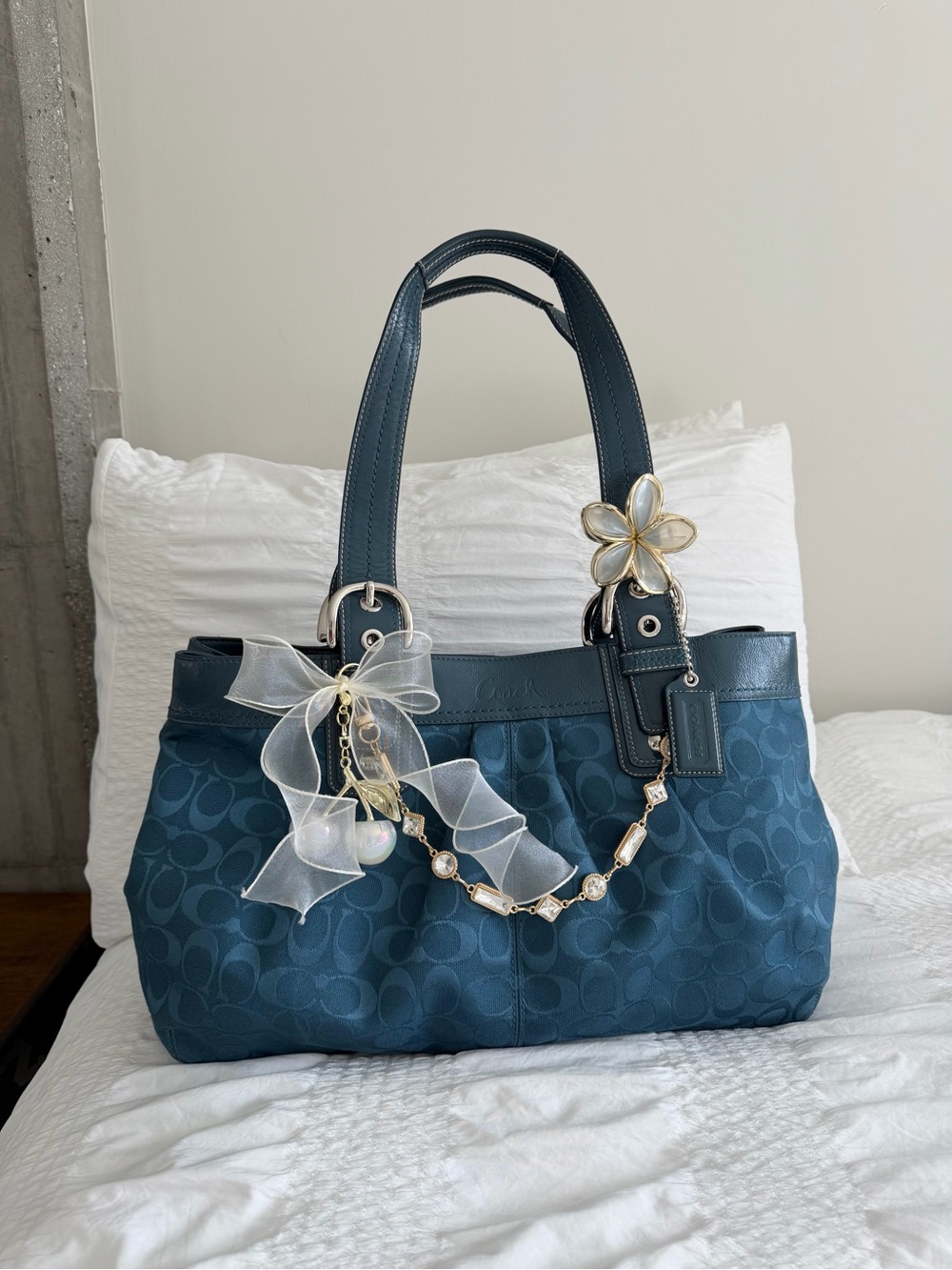 vintage Coach Soho Blue Optic Canvas Pleated Tote Bag (Large)